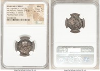 Mn. Aquillius m.f. (65 BC). AR serrate denarius (20mm, 3.87 gm, 5h). NGC XF S 5/5 - 5/5. Rome. VIRTVS-III VIR, draped bust of Virtus right, wearing cr...