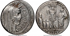 L. Aemilius Lepidus Paullus (ca. 62 BC). AR denarius (29mm, 7h). NGC VF, bankers mark. Rome. PAVLLVS LEPIDVS-CONCORDIA, diademed, veiled head of Conco...