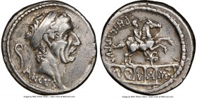 L. Marcius Philippus (57/6 BC). AR denarius (18mm, 9h). NGC Choice VF, graffiti. Rome. ANCVS, diademed head of King Ancus Marcius right; lituus behind...