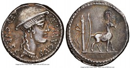 Cn. Plancius (ca. 55 BC). AR denarius (18mm, 9h). NGC Choice VF, edge chip. Rome. CN•PLANCIVS-AED•CVR•S•C, head of Diana Planciana right, wearing peta...