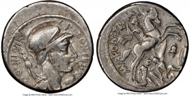 P. Fonteius P.f. Capito (ca. 55 BC). AR denarius (18mm, 10h). NGC Choice VF, bankers mark. Rome. P•FONTEIVS•P•F-CAPITO•III•VIR, helmeted, draped bust ...