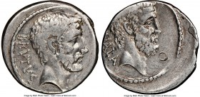 Q. Servilius Caepio (M. Junius) Brutus, as Moneyer (54 BC). AR denarius (19mm, 6h). NGC VF, bankers mark. Rome. BRVTVS, bare head of L. Junius Brutus ...