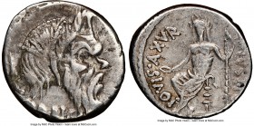 C. Vibius C.f. C.n. Pansa Caetronianus (ca. 48 BC). AR denarius (17mm, 4h). NGC VF, bankers mark. Rome. PANSA, mask of Pan right; pedum behind / C•VIB...