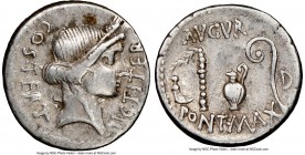 Julius Caesar, as Dictator (49-44 BC). AR denarius (18mm, 3.93 gm, 4h). NGC VF 5/5 - 3/5, bankers mark. North Africa (Utica?), 46 BC. COS•TERT-DICT•IT...