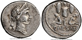 Julius Caesar, as Dictator (49-44 BC). AR denarius (18mm, 4.03 gm, 11h). NGC Choice VF 4/5 - 2/5, bankers marks, marks, edge cut. Military mint travel...