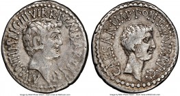 Marc Antony and Octavian, as Imperators and Triumvirs (43-33 BC). AR denarius (20mm, 3.75 gm, 12h). NGC VF 4/5 - 3/5. Ephesus, 41 BC, M. Barbatius Pol...