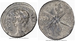 Augustus (27 BC-AD 14). AR denarius (21mm, 5h). NGC VF, bankers mark. Spanish Mint (Colonia Caesaraugusta), 19-18 BC. CAESAR-AVGVSTVS, head of Augustu...