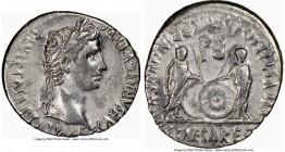Augustus (27 BC-AD 14). AR denarius (20mm, 3.46 gm, 2h). NGC XF 4/5 - 3/5. Lugdunum, 2 BC-AD 4. CAESAR AVGVSTVS-DIVI F PATER PATRIAE, laureate head of...