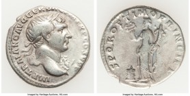 Trajan (AD 98-117). AR denarius (18mm, 3.28 gm, 6h). Choice VF. Rome, ca. AD 104-107. IMP TRAIANO AVG GER DAC P M TR P COS V P P, laureate head of Tra...