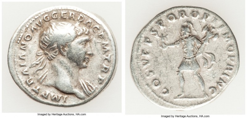Trajan (AD 98-117). AR denarius (20mm, 3.20 gm, 7h). VF. Rome, AD 103-111. IMP T...