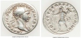 Trajan (AD 98-117). AR denarius (20mm, 3.20 gm, 7h). VF. Rome, AD 103-111. IMP TRAIANO AVG GER DAC P M TR P, laureate head right, slight drapery on fa...