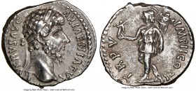 Lucius Verus (AD 161-169). AR denarius (18mm, 6h). NGC XF. Rome, AD 165. L VERVS AVG ARMENIACVS, laureate head of Lucius Verus right / TR P V IMP II C...