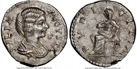Julia Domna (AD 193-217). AR denarius (17mm, 12h). NGC AU. Laodicea, AD 196-202. IVLIA-AVGVSTA, draped bust of Julia Domna right, seen from front, hai...
