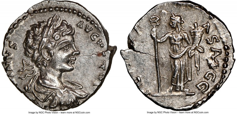 Caracalla (AD 198-217). AR denarius (18mm, 12h). NGC Choice AU. Laodicea, AD 199...