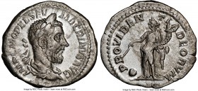Macrinus (AD 217-218). AR denarius (20mm, 12h). NGC XF. Rome, AD 217-218. IMP C M OPEL SEV-MACRINVS AVG, laureate, draped bust of Macrinus right, seen...