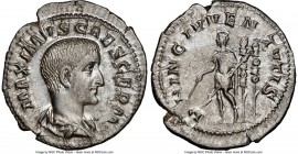 Maximus, as Caesar (AD 235/6-238). AR denarius (20mm, 3.08 gm, 5h). NGC MS 5/5 - 4/5 Rome, AD 236-238. MAXIMVS CAES GERM, bare headed, draped bust of ...