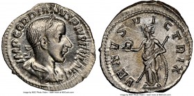 Gordian III (AD 238-244). AR denarius (21mm, 2.52 gm, 7h). NGC MS 4/5 - 4/5. Rome, summer AD 241. IMP GORDIANVS PIVS FEL AVG, laureate, draped and cui...