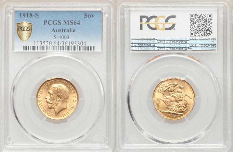 George V gold Sovereign 1918-S MS64 PCGS, Sydney mint, KM29. AGW 0.2355 oz. 

...