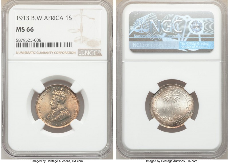 British Colony. George V Shilling 1913 MS66 NGC, Royal mint, KM12. Olive-gold to...