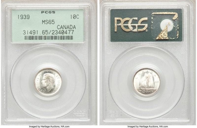 George VI 10 Cents 1939 MS65 PCGS, Royal Canadian mint, KM34. Satin surface with...