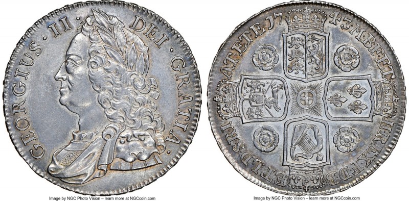 George II Crown 1743 AU Details (Cleaned) NGC, KM585.1, S-3688. Gunmetal-gray to...