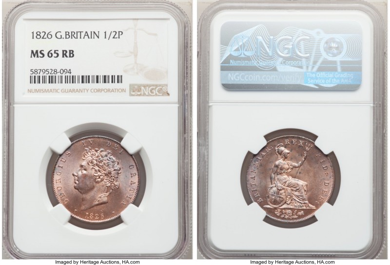 George IV 1/2 Penny 1826 MS65 Red and Brown NGC, KM692, S-3824. Full strike with...