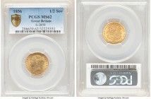 Victoria gold 1/2 Sovereign 1856 MS62 PCGS, KM735.1, S-3859. Fully Mint State with only evenly dispersed light friction accounting for the assigned gr...
