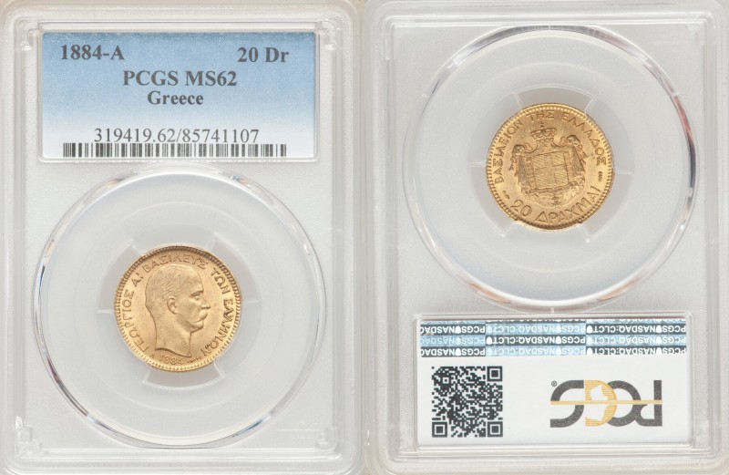 George I gold 20 Drachmai 1884-A MS62 PCGS, Paris mint, KM56. One year type. AGW...