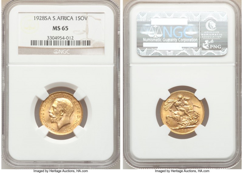 George V gold Sovereign 1928-SA MS65 NGC, South Africa mint, KM21. AGW 0.2355 oz...