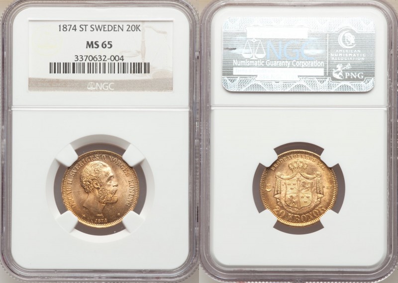 Oscar II gold 20 Kronor 1874-ST MS65 NGC, KM733. AGW 0.2593 oz. 

HID098012420...