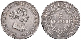 Lucca – Elisa Bonaparte e Felice Baciocchi (1805-1814) - 5 Franchi 1805 - Gig. 1 R Lieve mancanza di metallo.
qBB-BB

For information on shipments ...