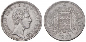 Lucca – Carlo Ludovico di Borbone (1824-1847) - 2 Lire 1837 - Gig. 1 R Colpetto.
BB-SPL

For information on shipments and exports outside the Itali...