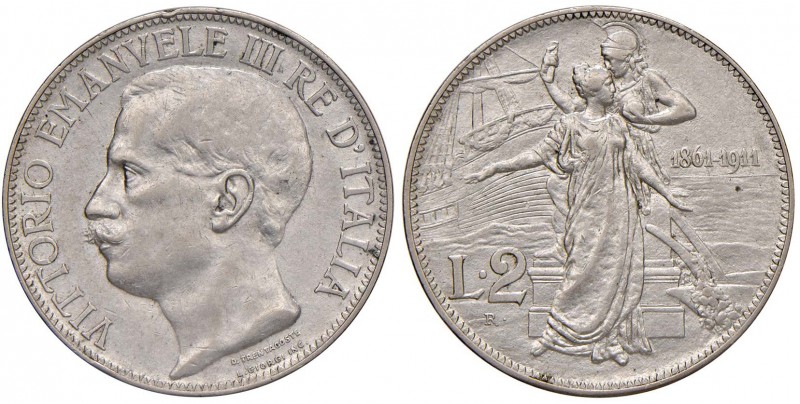 Vittorio Emanuele III (1900-1943) - 2 Lire 1911 Cinquantenario - Gig. 100 C Colp...