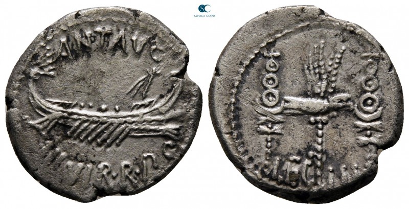 Mark Antony 32-31 BC. Military mint moving with Antony 
Denarius AR

18 mm., ...