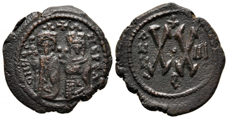 Phocas, with Leontia AD 602-610. Theoupolis (Antioch)
Half Follis or 20 Nummi Æ...