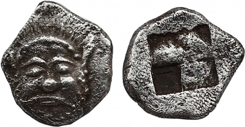 Lesbos, Methymna AR Hemiobol. (Circa 500/480-460 BC). Obv:Facing head of Silenos...