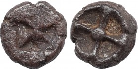 ATTICA. Athens. Circa 515-510 BC. Obol. 'Wappenmünzen' type. Obv: Wheel with four spokes. Rev: Irregular quadripartite incuse square. SNG Copenhagen 9...