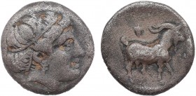 TROAS. Antandros. Early 4th century BC. Trihemiobol. Obv: Head of Artemis Astyrene to right. Rev: ANTA-N Goat standing right; above, grape. SNG Copenh...