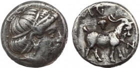 TROAS. Antandros. Early 4th century BC. Trihemiobol. Obv: Head of Artemis Astyrene to right. Rev: ANTA-N Goat standing right; above, grape. SNG Copenh...