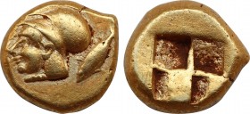 MYSIA. Kyzikos. EL Hekte (Circa 550-500 BC).
Obv: Helmeted head of Athena left; to right, tunny downward.
Rev: Quadripartite incuse square.
Nomisma...