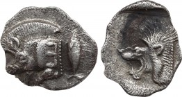 MYSIA. Kyzikos. Obol (Circa 450-400 BC).
Obv: Forepart of boar left, with Ǝ on shoulder; to right, tunny upward.
Rev: Head of roaring lion left within...