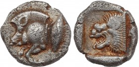MYSIA. Kyzikos. Obol (Circa 450-400 BC).
Obv: Forepart of boar left; to right, tunny upward.
Rev: Head of roaring lion left within incuse square.
SNG ...