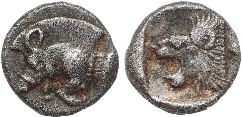MYSIA. Kyzikos. Diobol (Circa 525-475 BC).
Obv: Forepart of boar left; tunny beh...
