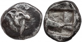 Mysia, Kyzikos AR Obol. Circa 550-500 BC. Head of lion right, holding tunny in its jaws / Rough quadripartite incuse square. Obolos 4, 319 corr.and Le...