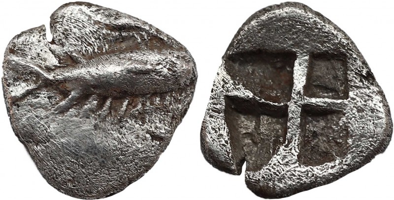 MYSIA. Kyzikos. Obol (Circa 550-530 BC). Obv: Tunny right. Rev: Quadripartite in...