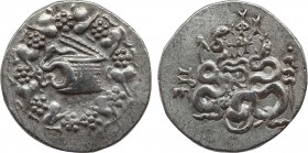 MYSIA. Pergamon. Cistophor (Circa 166-67 BC).
Obv: Cista mystica with serpent; all within ivy wreath.
Rev: Bowcase between two serpents. Controls: Civ...