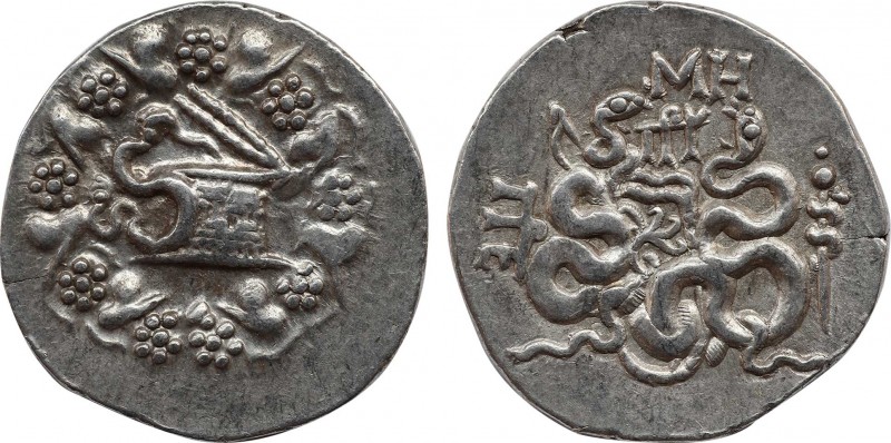 MYSIA. Pergamon. Cistophor (Circa 133-67 BC).
Obv: Cista mystica with serpent; a...
