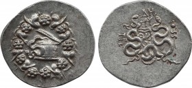 MYSIA. Pergamon. Cistophor (Circa 166-67 BC).
Obv: Cista mystica with serpent; all within ivy wreath.
Rev: Bow case between two serpents. Controls: mo...