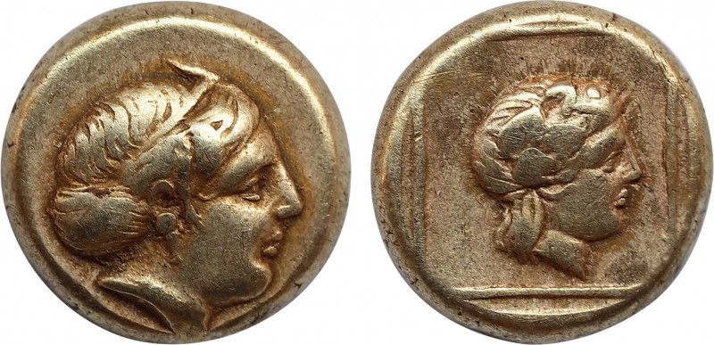 LESBOS. Mytilene. EL Hekte (Circa 412-378 BC).
Obv: Horned head of Io right, wea...