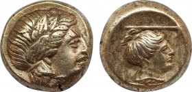 LESBOS. Mytilene. EL Hekte (Circa 377-326 BC).
Obv: Laureate head of Apollo (or Dionysos?) right.
Rev: Draped female bust (of Artemis?) right within l...